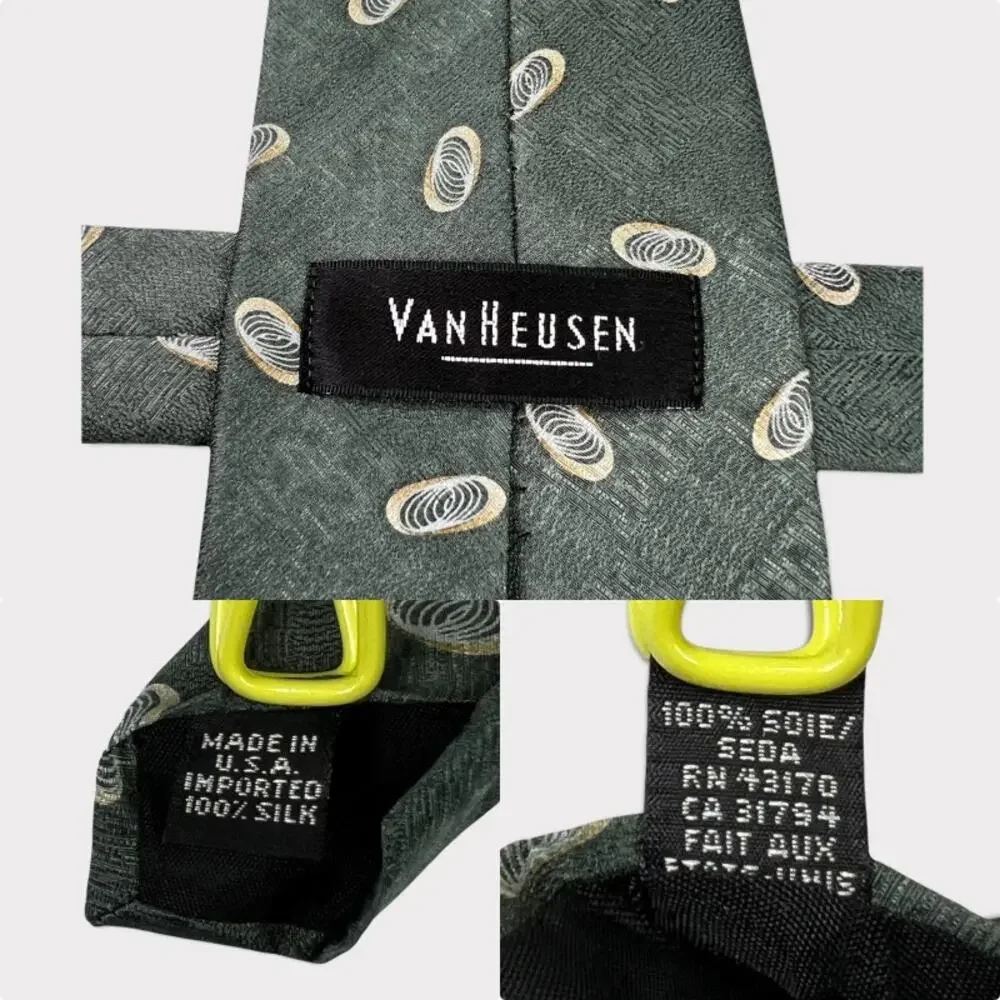 Van Heusen Green Silk Necktie Cream Geometric Accents Men’s 59